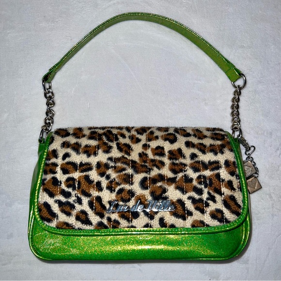 Lux de Ville Mini Gambler Lime Green Sparkle with Leopard Fur Bag - Picture 2 of 13